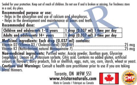 Tristar Naturals Emulsified Vitamin D+K2 30ml Nutrition Panel - SupplementSource.ca