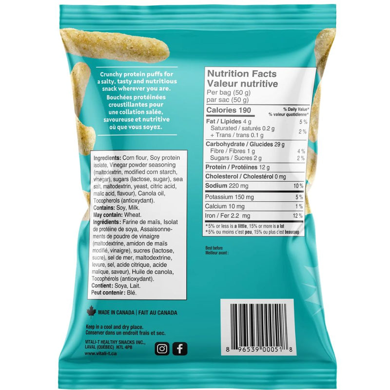 Vitali-T Protein Super Puffs 50g, Salt & Vinegar Nutrition Panel - SupplementSource.ca