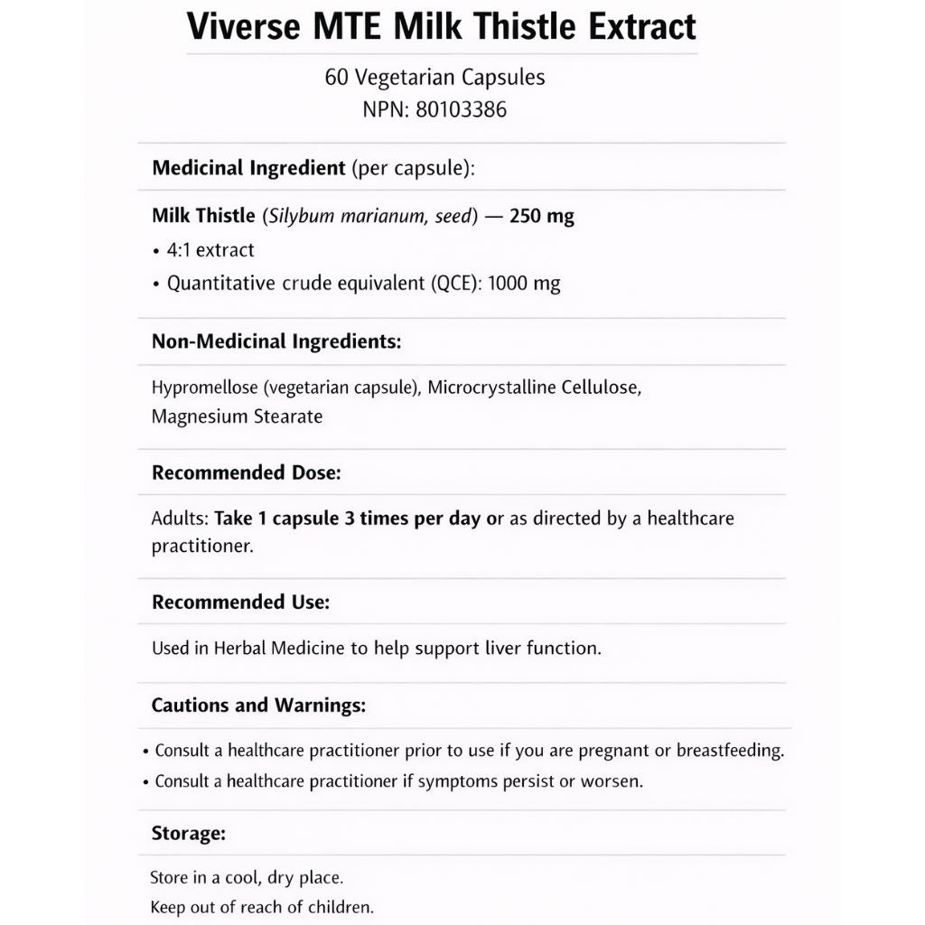 Viverse Nutrition MTE Milk Thistle Extract, 60 Capsules Nutrition Panel - SupplementSource.ca