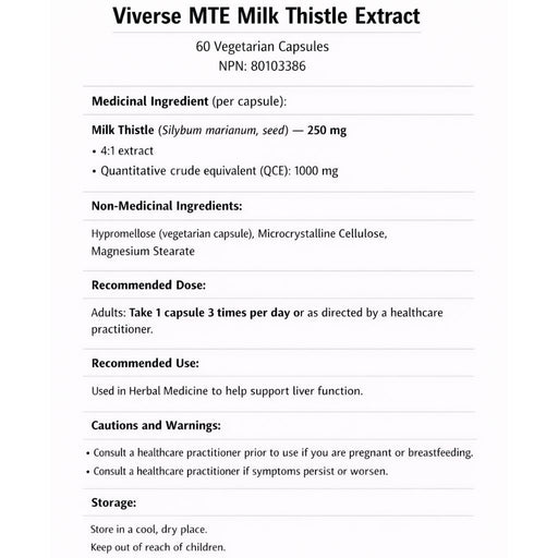 Viverse Nutrition MTE Milk Thistle Extract, 60 Capsules Nutrition Panel - SupplementSource.ca
