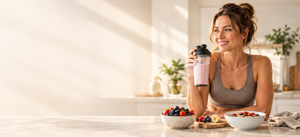 Woman holding a smoothie shaker at a sunlit kitchen counter with berries and a meal bowl.