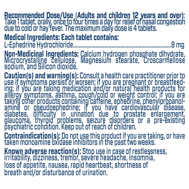 4Ever Fit EPHEDRINE - 1 Bottle (50 x 8mg Tabs) Nutrition Panel - SupplementSource.ca