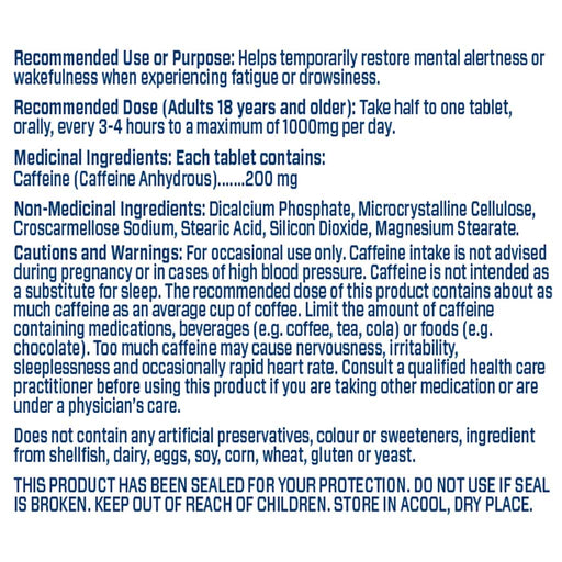 4EverFit Caffeine, 200mg x 100 tabs Nutrition Panel - SupplementSource.ca