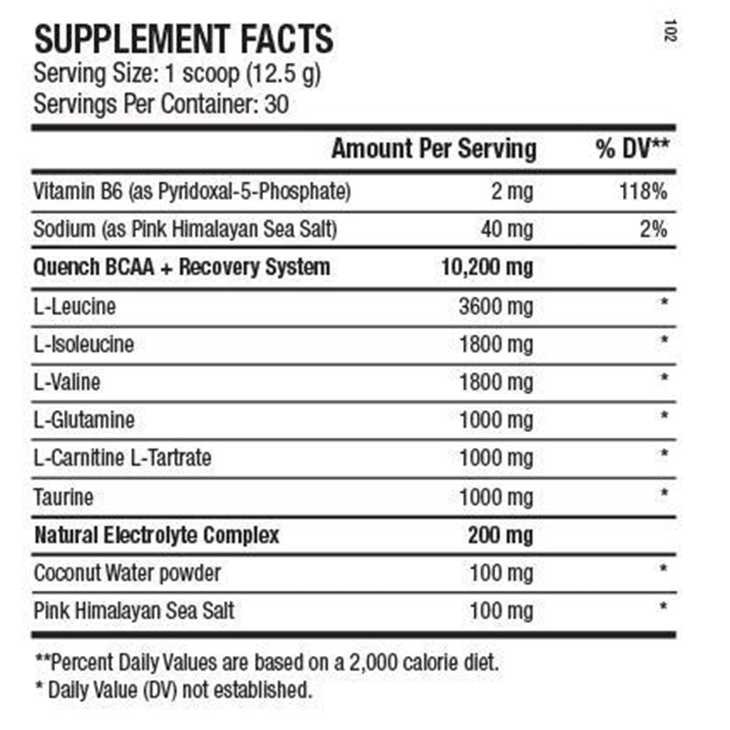 ANS Performance QUENCH BCAA, 30 Servings Nutritional Panel - SupplementSourceca