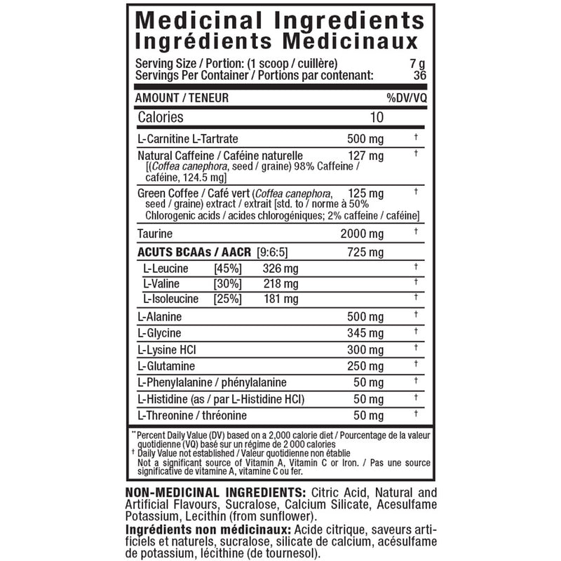 Allmax Amino Cuts (A:Cuts) Dye Free 36 Servings Blue Raspberry Nutrition Panel - SupplementSource.ca