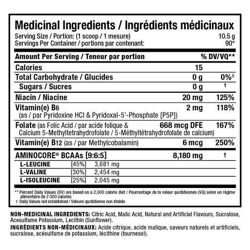 Allmax Aminocore BCAA 90 Servings Blue Raspberry Nutrition Panel - SupplementSource.ca