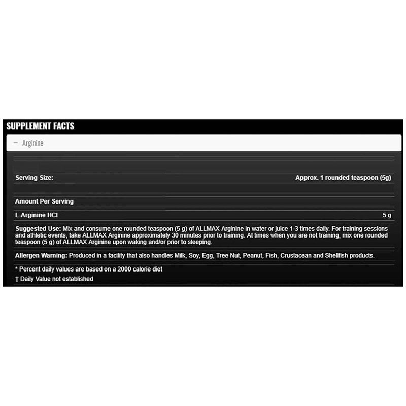 Allmax ARGININE HCL (80 Servings), 400g Nutritional Panel - SupplementSourceca
