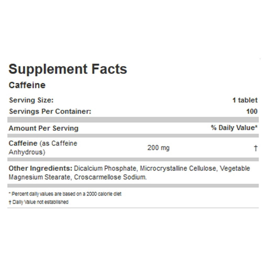 Allmax CAFFEINE (200mg), 100 Tabs Nutritional Panel - SupplementSourceca