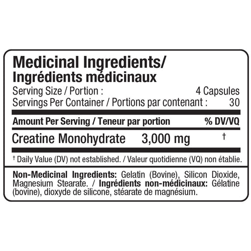 Allmax Creatine 3000 120 Capsules Nutrition Panel - SupplementSource.ca