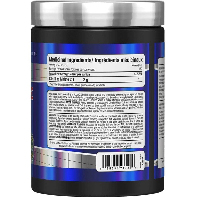 Allmax CITRULLINE MALATE 2:1 (150 Servings), 300g Nutritional Panel - SupplementSourceca
