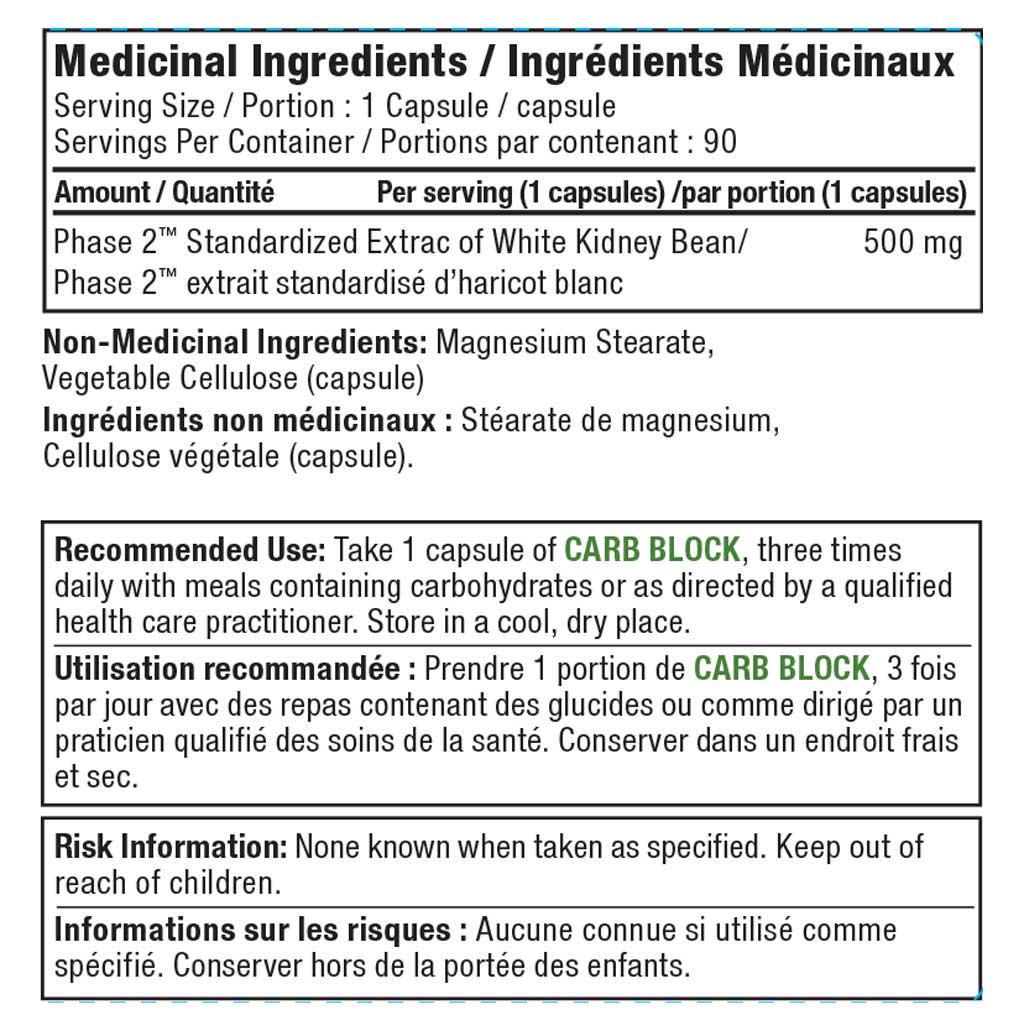 Alora Naturals Carb Block with Phase 2 90 VCaps Nutrition Panel - SupplementSource.ca