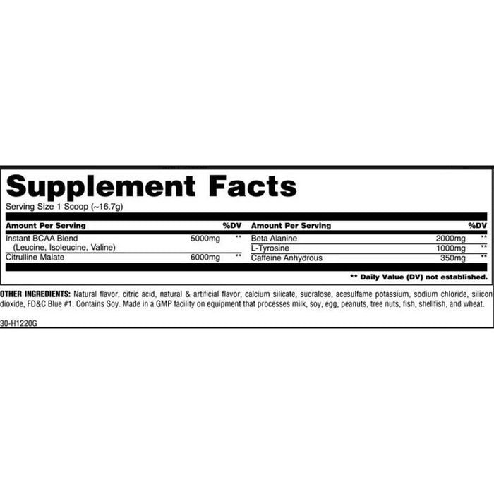 Animal Fury 30 Servings Blue Raspberry Nutrition Panel - SupplementSource.ca
