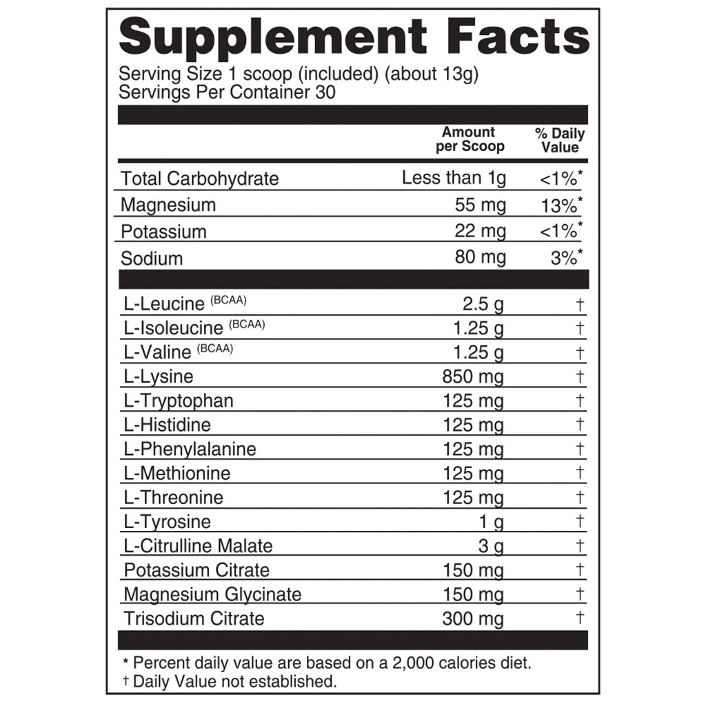 Believe Supplements Performance EAA 30 Servings Nutrition Panel - SupplementSource.ca