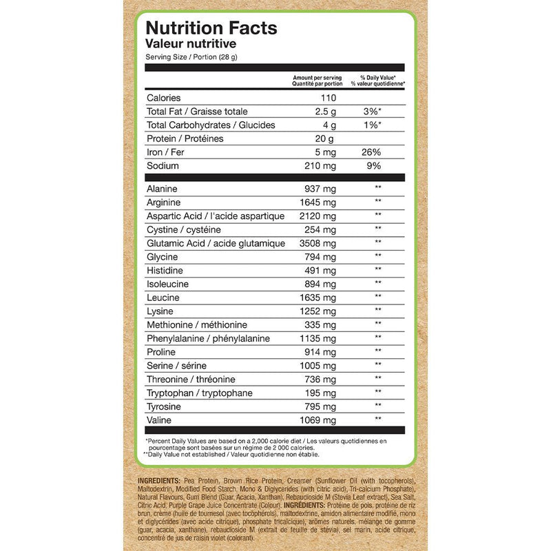 Confident Vegan Vegan Protein 2lb Blueberry Cobbler Nutrition Panel - SupplementSource.ca