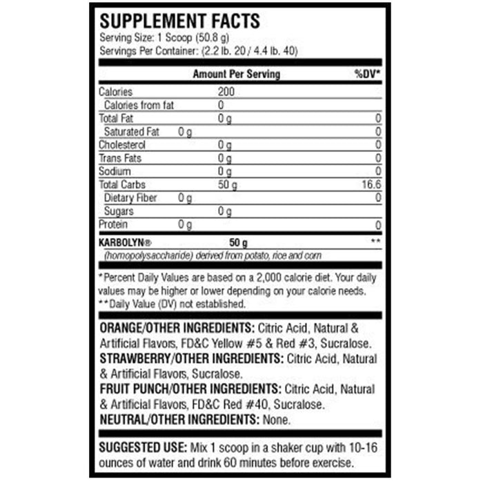 EFX Sports Karbolyn nutritional panel - SupplementSource.ca