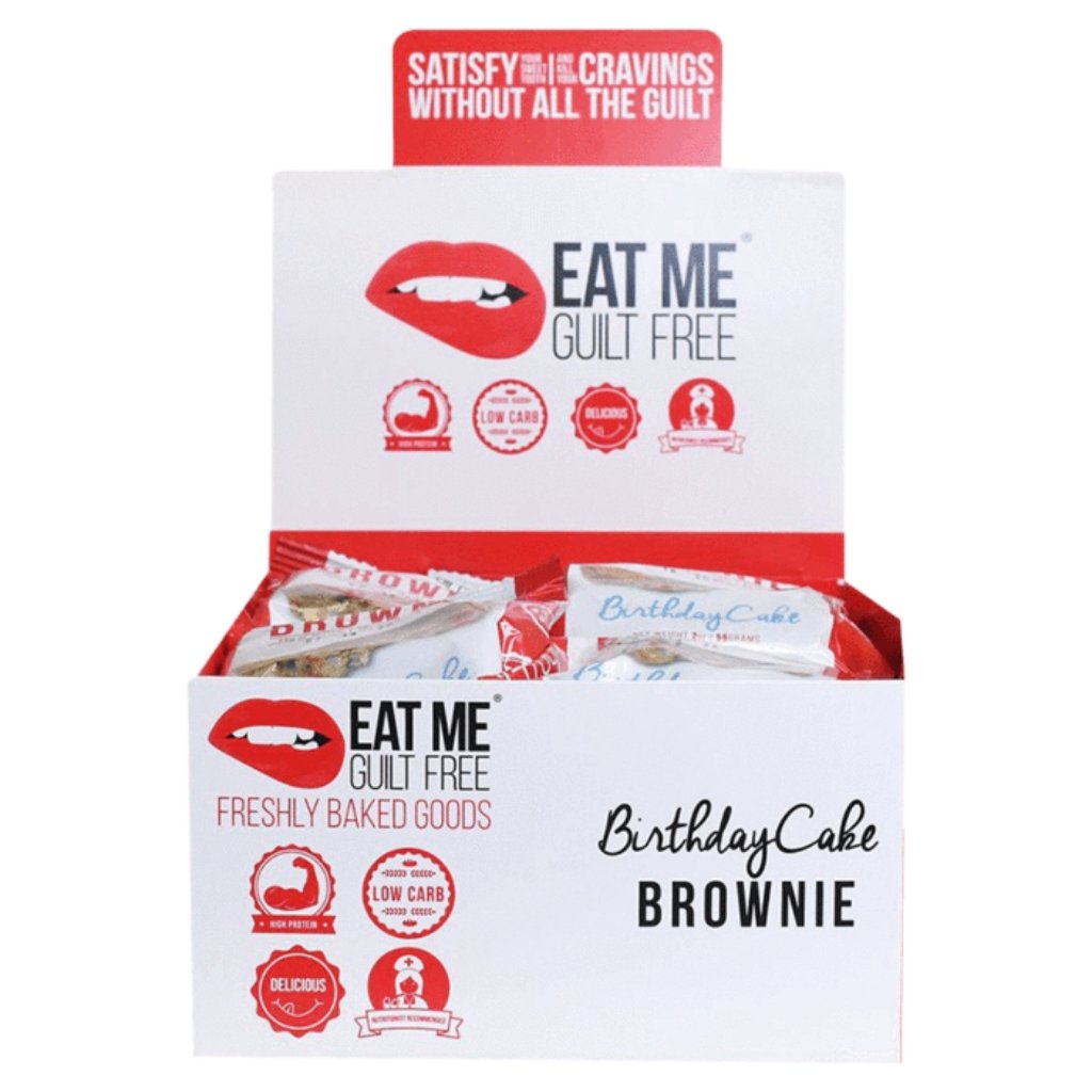 Eat Me GUILT FREE BROWNIES, 12 X 60g Brownies Birthday Cake - SupplementSource.ca