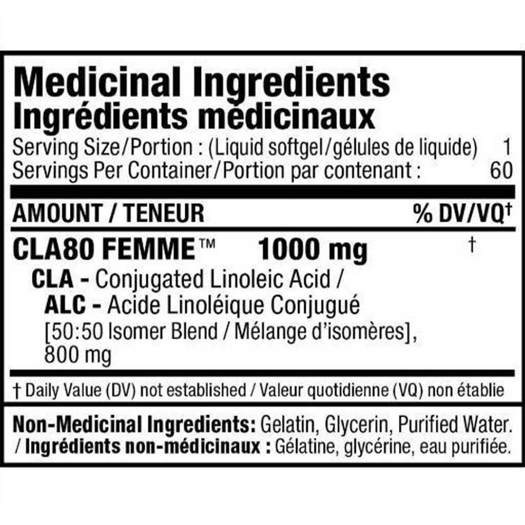 Femme Fit CLA80 60 Softgels Nutrition Panel - SupplementSource.ca