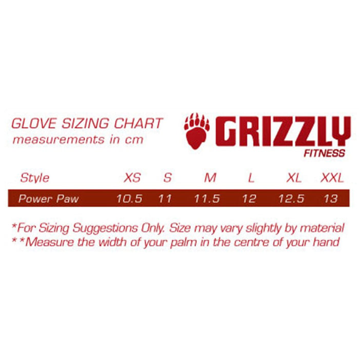 Grizzly Fitness Neoprene Sticky Paws Sport and Exercise Glove 8732-04 Sizing Chart - SupplementSource.ca