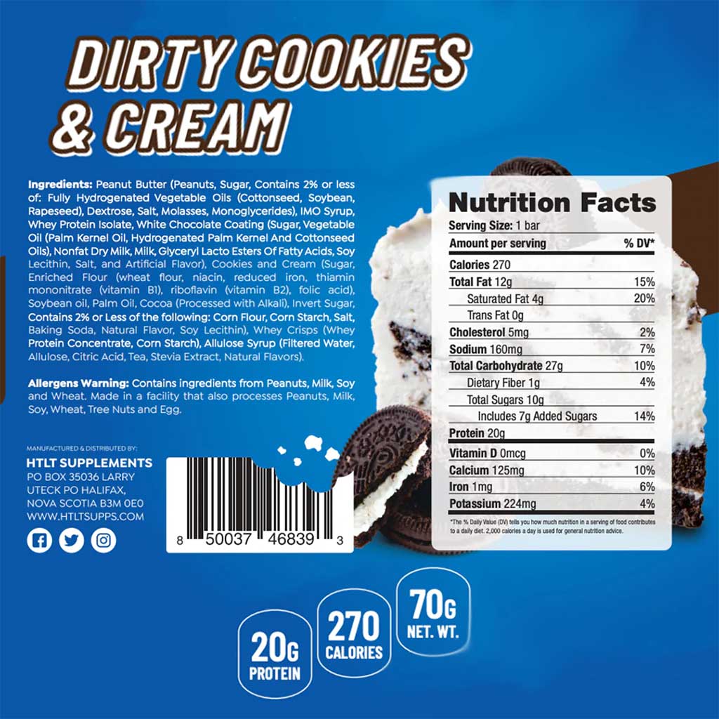 HTLT Supplements CICO Bar + Dirty Cookies & Cream Nutrition Panel - SupplementSource.ca