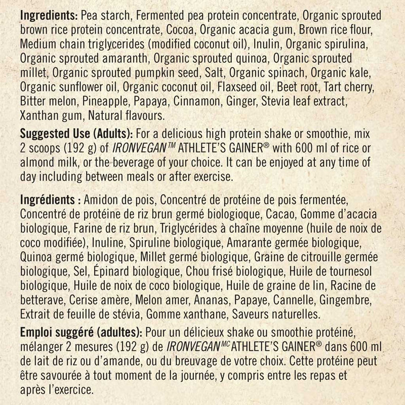 Iron Vegan Athlete's Gainer 4.5kg Ingredient List - SupplementSource.ca