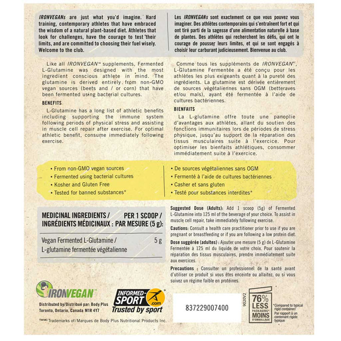 Iron Vegan Fermented L-Glutamine 400g Nutrition Panel - SupplementSource.ca