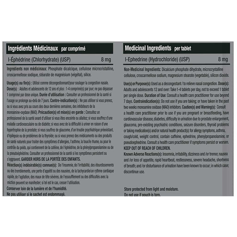 Kaizen Ephedrine HCL 50 nutritional panel - SupplementSource.ca