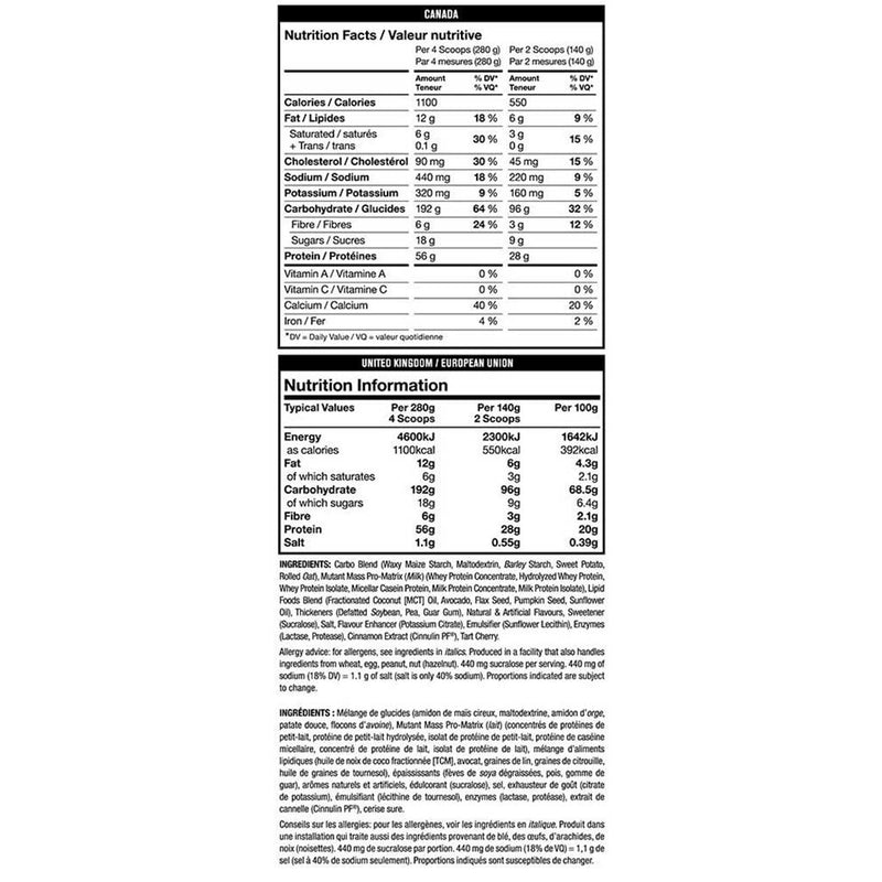 MUTANT MASS, 15lb Nutrition Panel - SupplementSource.ca