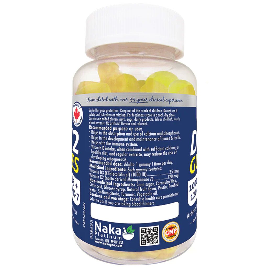 Naka Platinum D3+K2 Gummies, 60 Gummies Tropical Fruit Nutrition Panel - SupplementSource.ca