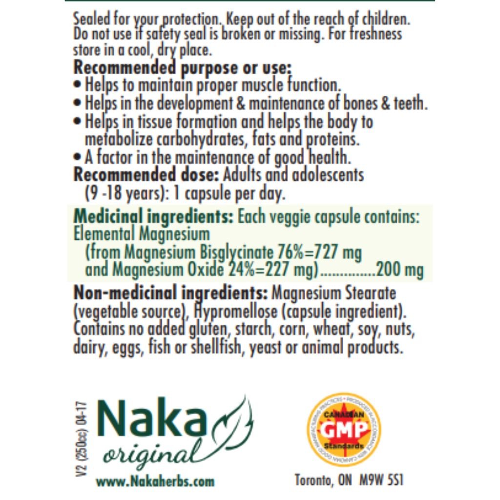 Naka Platinum MAGNESIUM BISGLYCINATE, 120 VCaps Nutritional Panel - SupplementSource.ca