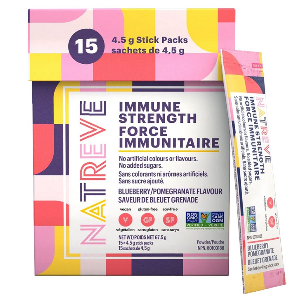 Natreve Immune Strength, 1 Box of 15 Stick Packs Blueberry Pomegranate - SupplementSource.ca