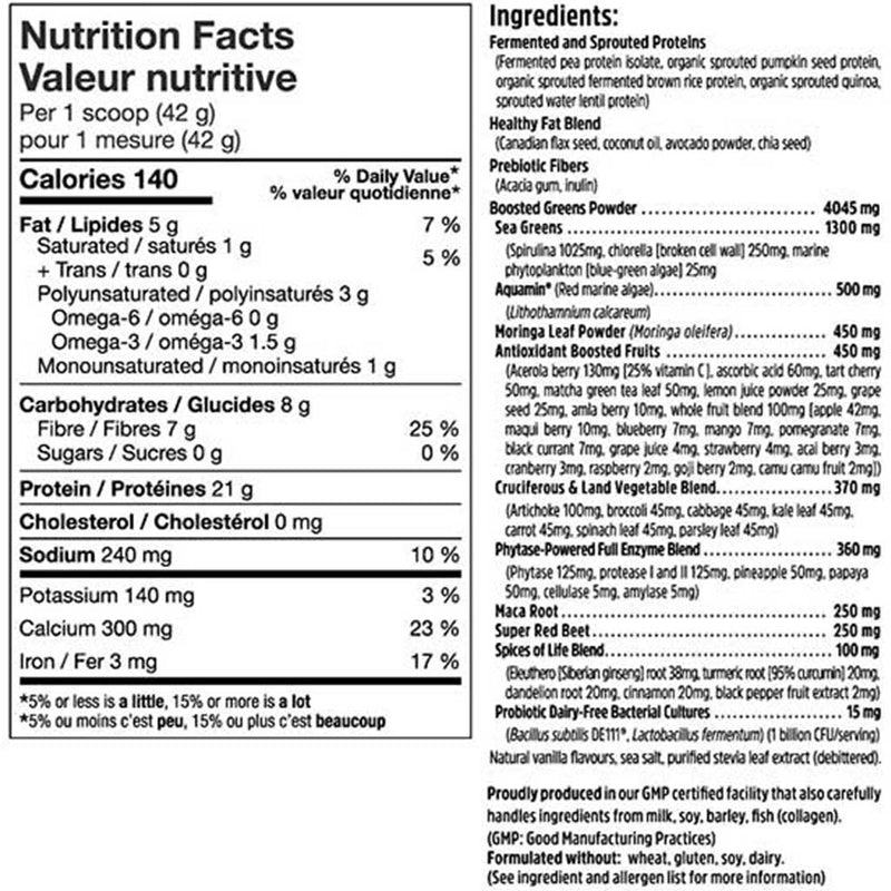 North Coast Naturals BOOSTED VEGAN ALL-IN-ONE, 840g Nutritional Panel - SupplementSource.ca