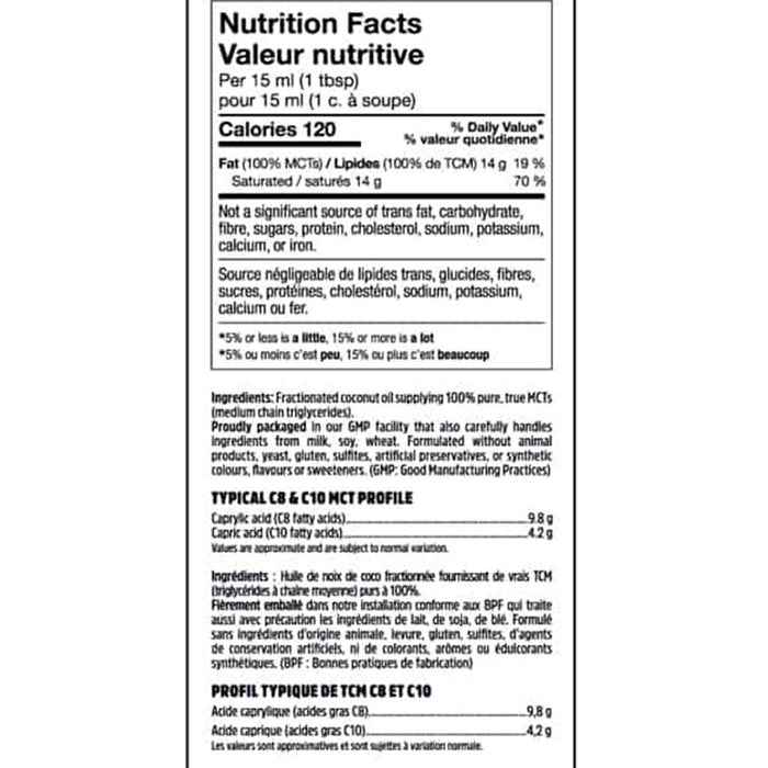 North Coast Naturals 100% Pure MCT Oil 946ml Nutrition Panel - SupplementSource.ca