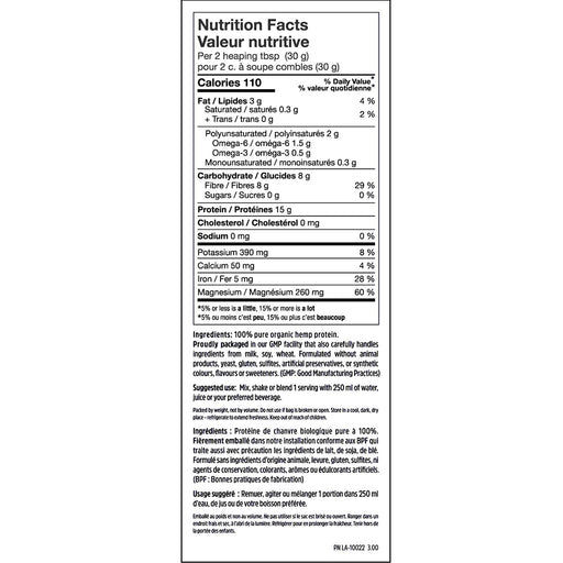 North Coast Naturals Organic Raw Hemp Protein, 840g Nutrition Panel - SupplementSource.ca 