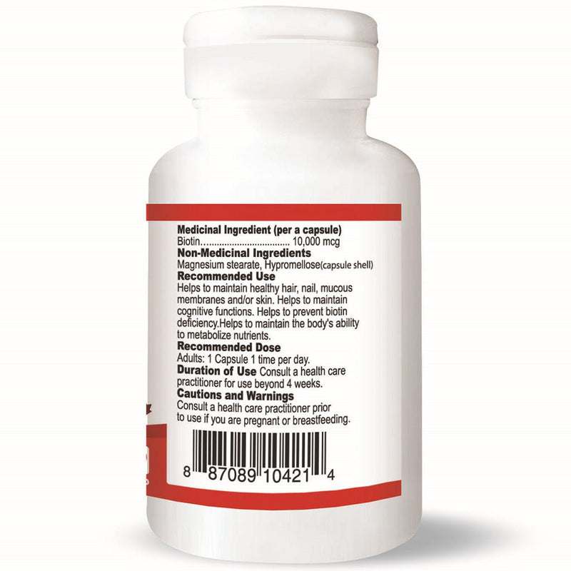 Nutridom Biotin 10,000 60 Vcaps Nutrition Panel - SupplementSource.ca