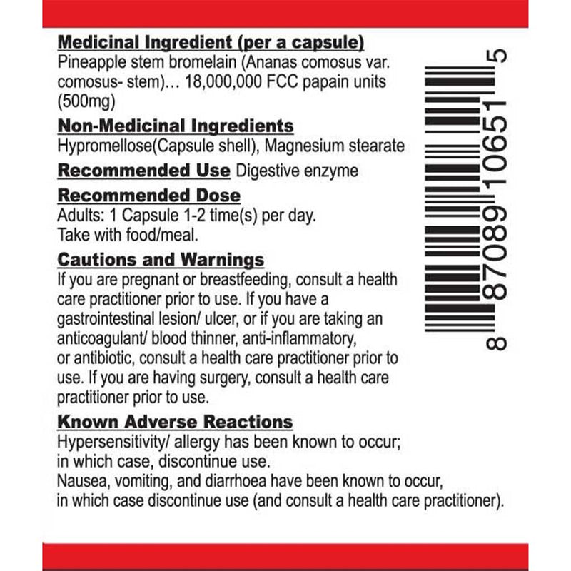 Nutridom Bromelain Digestive Enzyme nutritional panel - SupplementSource.ca