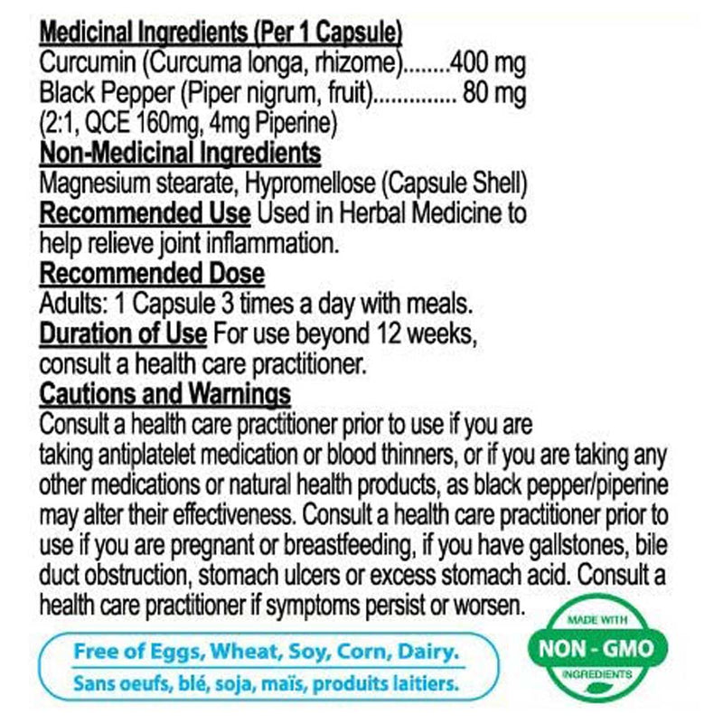 Nutridom Curumin + Piperine 60 Vcaps Nutrition Panel - SupplementSource.ca