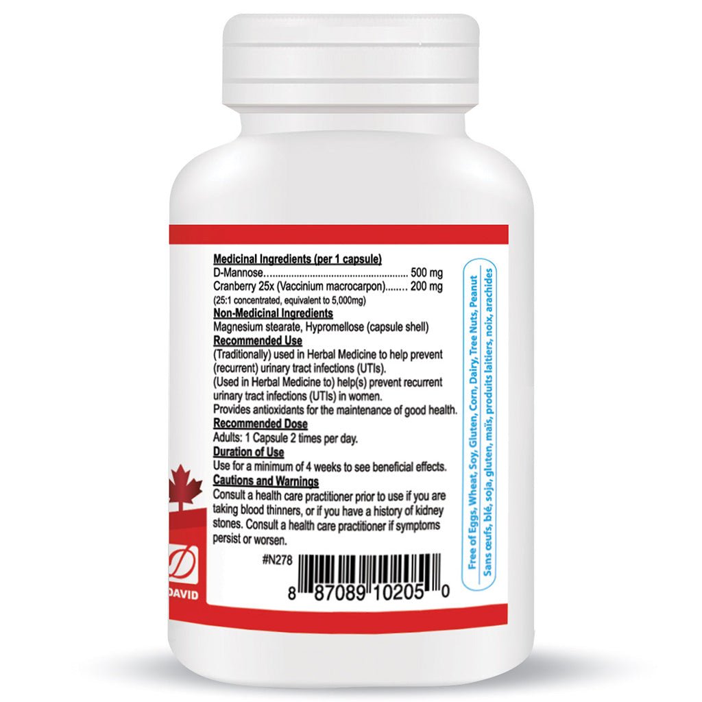 Nutridom D-Mannose with Cranberry 25x, 60 VCaps Nutrition Panel - SupplementSource.ca