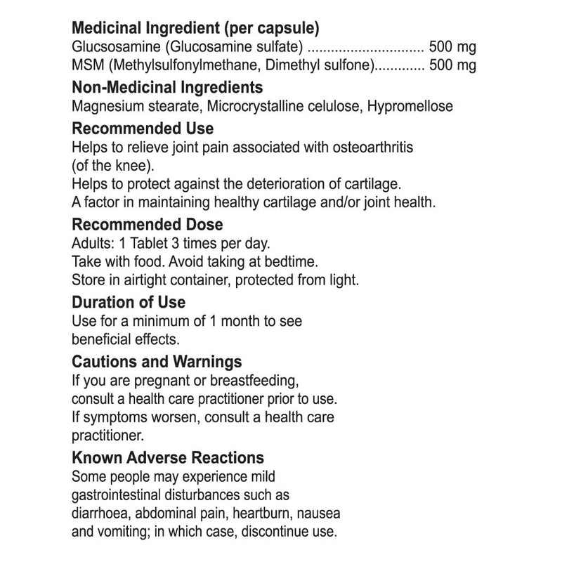 Nutridom Glucosamine & MSM 300 Tablets Nutrition Panel - SupplementSource.ca