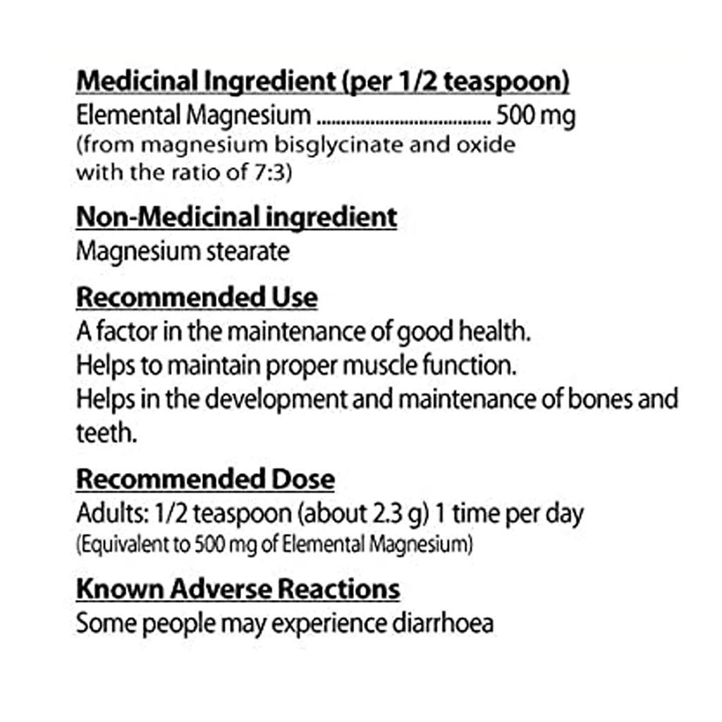 Nutridom Magnesium Bisglycinate 500 Powder nutritional panel - SupplementSource.ca