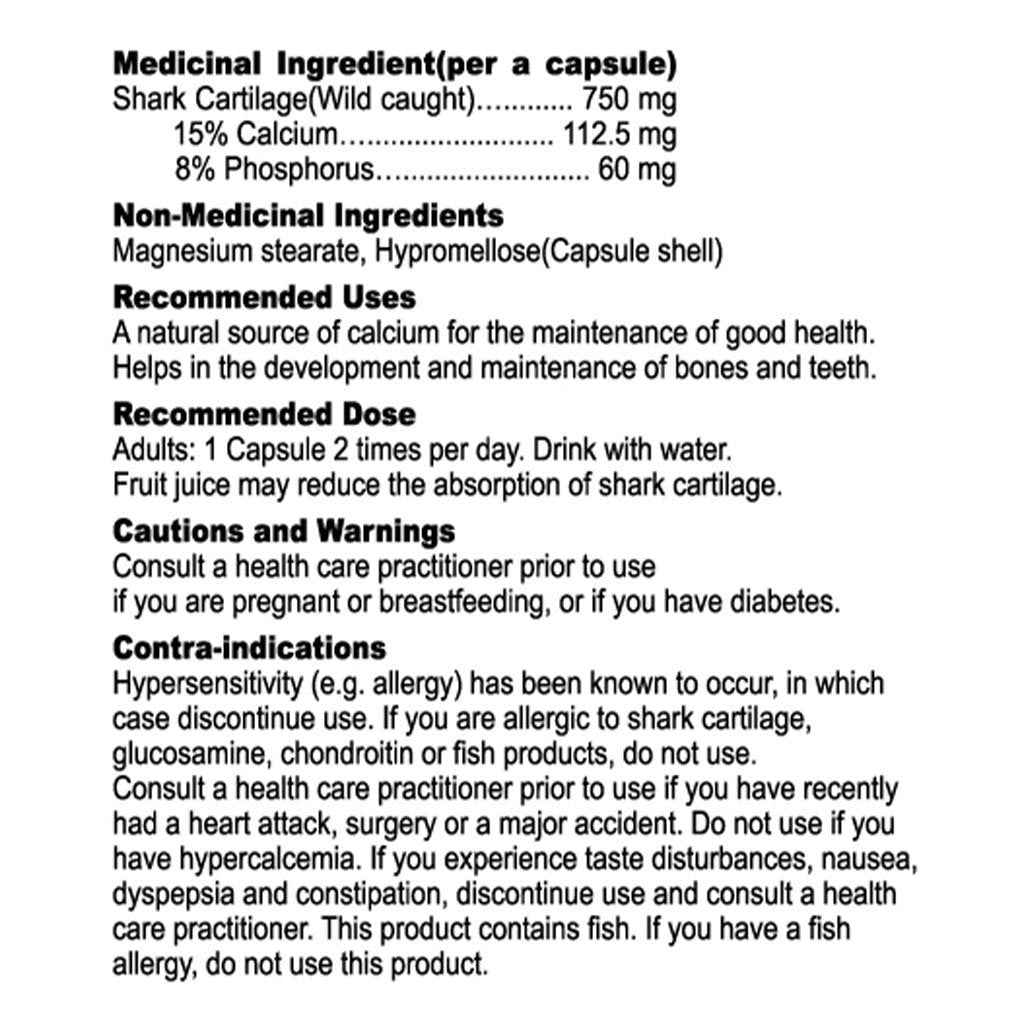 Nutridom SHARK CARTILAGE, 120 Vcaps nutritional panel - SupplementSource.ca