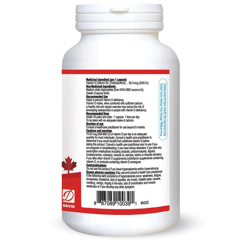Nutridom Vitamin D3 with MCT Oil 2500 iu 240 Soft Gels Nutrition Panel - SupplementSource.ca
