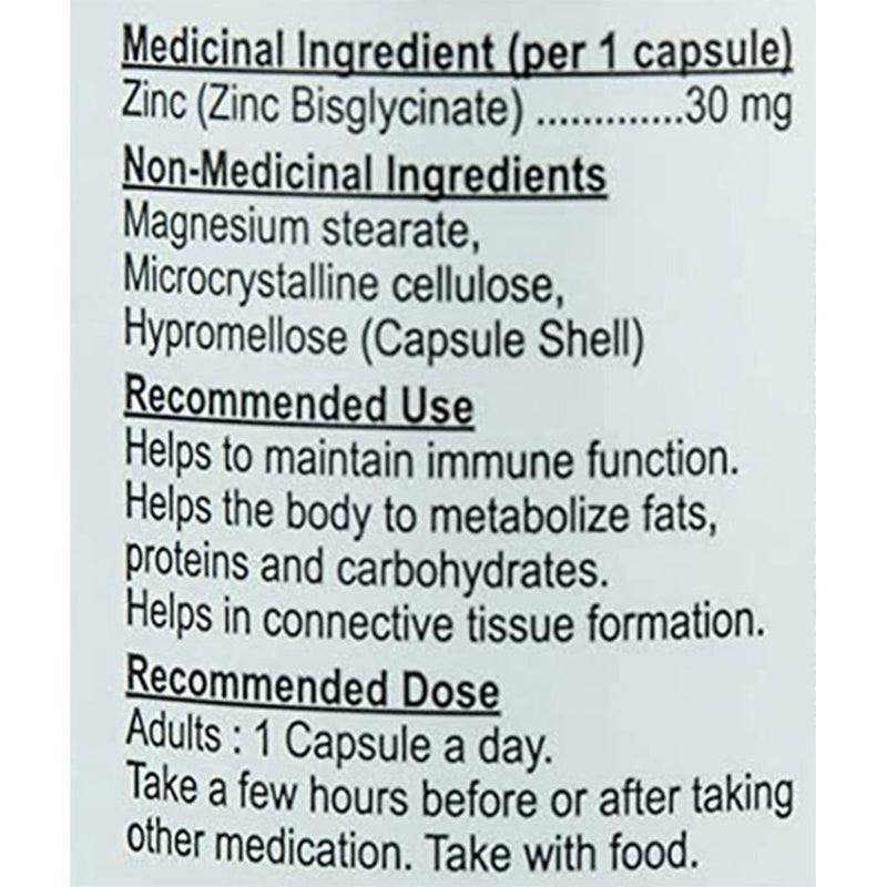 Nutridom Zinc Biglycinate nutritional panel - SupplementSource.ca