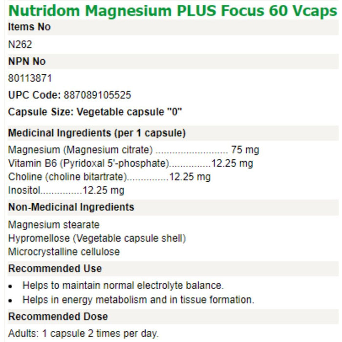 Nutridom MAGNESIUM PLUS FOCUS 60 VCaps