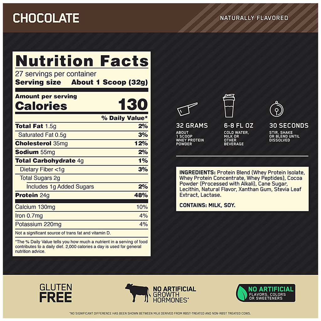 Optimum Nutrition Gold Standard 100% Whey 1.9lbs Naturally Flavoured Chocolate Nutrition Panel - SupplementSource.ca