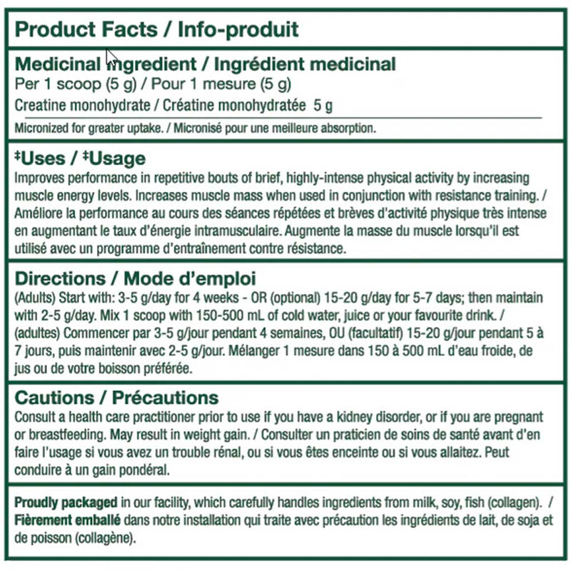 PVL 100% Pure Creatine 300g Nutrition Panel - SupplementSource.ca
