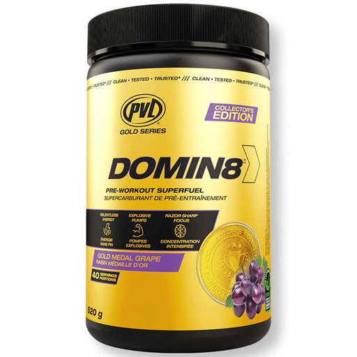 PVL Domin8 , 40 Servings  Gold Medal Grape - Dominate your workout! SupplementSource.ca