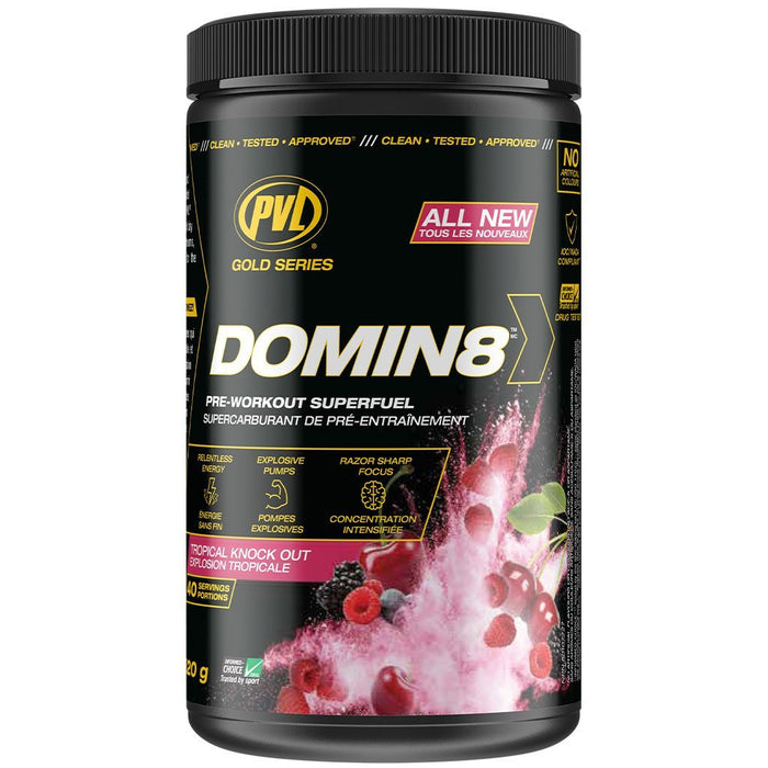 PVL Domin8 , 40 Servings  Tropical Knock Out - Dominate your workout! SupplementSource.ca