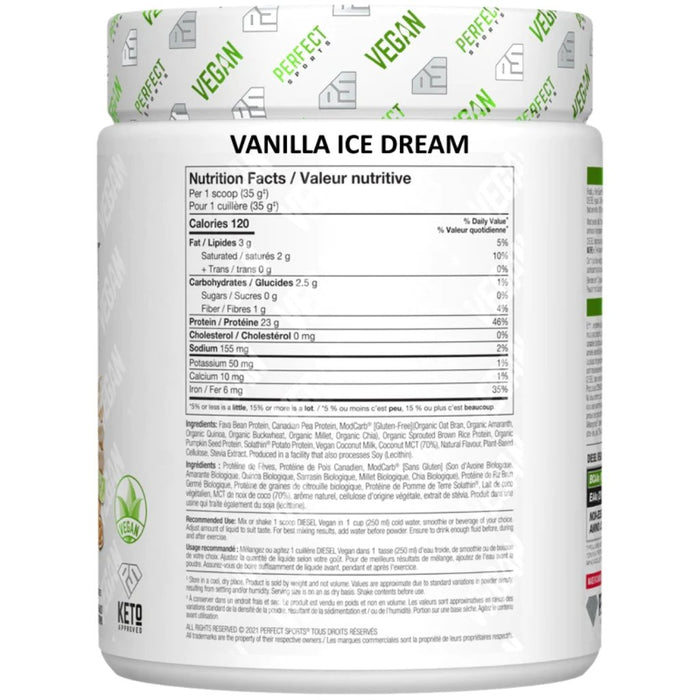 Perfect Sports DIESEL VEGAN 100% PLANT-BASED PROTEIN, 350g Vanilla Ice Cream Nutritional Profile Supplementsource.ca 