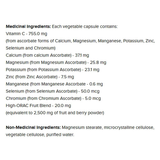 Prairie Naturals Vitamin C-Force 9 Ascorbates, 120 VCaps Nutriton Panel - Supplementsource.ca