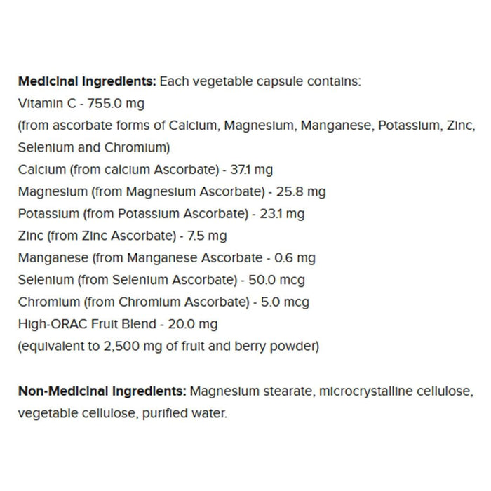 Prairie Naturals Vitamin C-Force 9 Ascorbates, 120 VCaps Nutriton Panel - Supplementsource.ca